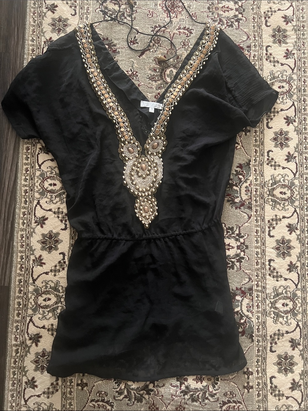 Y2K vintage solitaire swim gold beaded beach coverup dress black chiffon